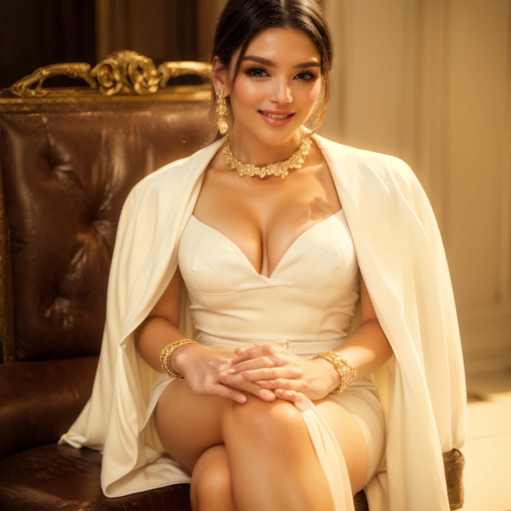 araffe woman in white dress sitting on a chair with a white jacket, actress, high res, stunning elegant pose, very attractive and beautiful, a beautiful woman in white, stuning, taken with canon 5d mk4, movie stills photography, taken with sony a7r camera, with a seductive smile, cute elegant pose, shot on canon eos r5, big ,