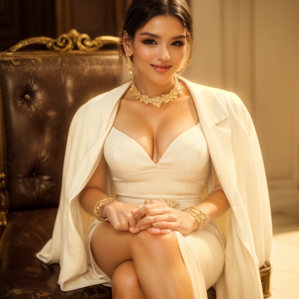 araffe woman in white dress sitting on a chair with a white jacket, actress, high res, stunning elegant pose, very attractive and beautiful, a beautiful woman in white, stuning, taken with canon 5d mk4, movie stills photography, taken with sony a7r camera, with a seductive smile, cute elegant pose, shot on canon eos r5, big ,