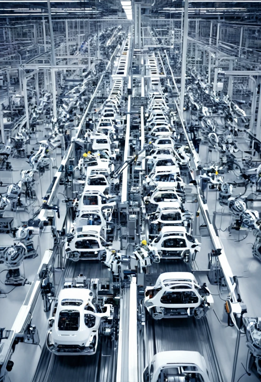 Mass Production: "An automated assembly line, with robots and workers manufacturing cars in series. Clean and organized industrial environment."
