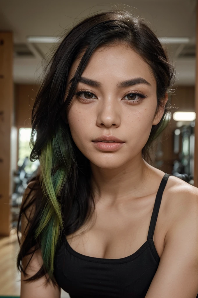 She has an oval face with high cheekbones, a defined jawline is Asian, japanese. His eyes are large and almond, black in color, with long eyelashes and thick, arched eyebrows, with a small scratch on his right eyebrow. His nose is small and straight, and she has full, wide lips. His hair is black with a green streak on the left side., short and smooth, usually worn loose with a fringe that partially covers the forehead. Her skin is fair with lots of freckles on her nose and rosy cheeks.. PHOTO AT THE GYM USING A TIGHT BLACK FIT SET TO TRAIN.