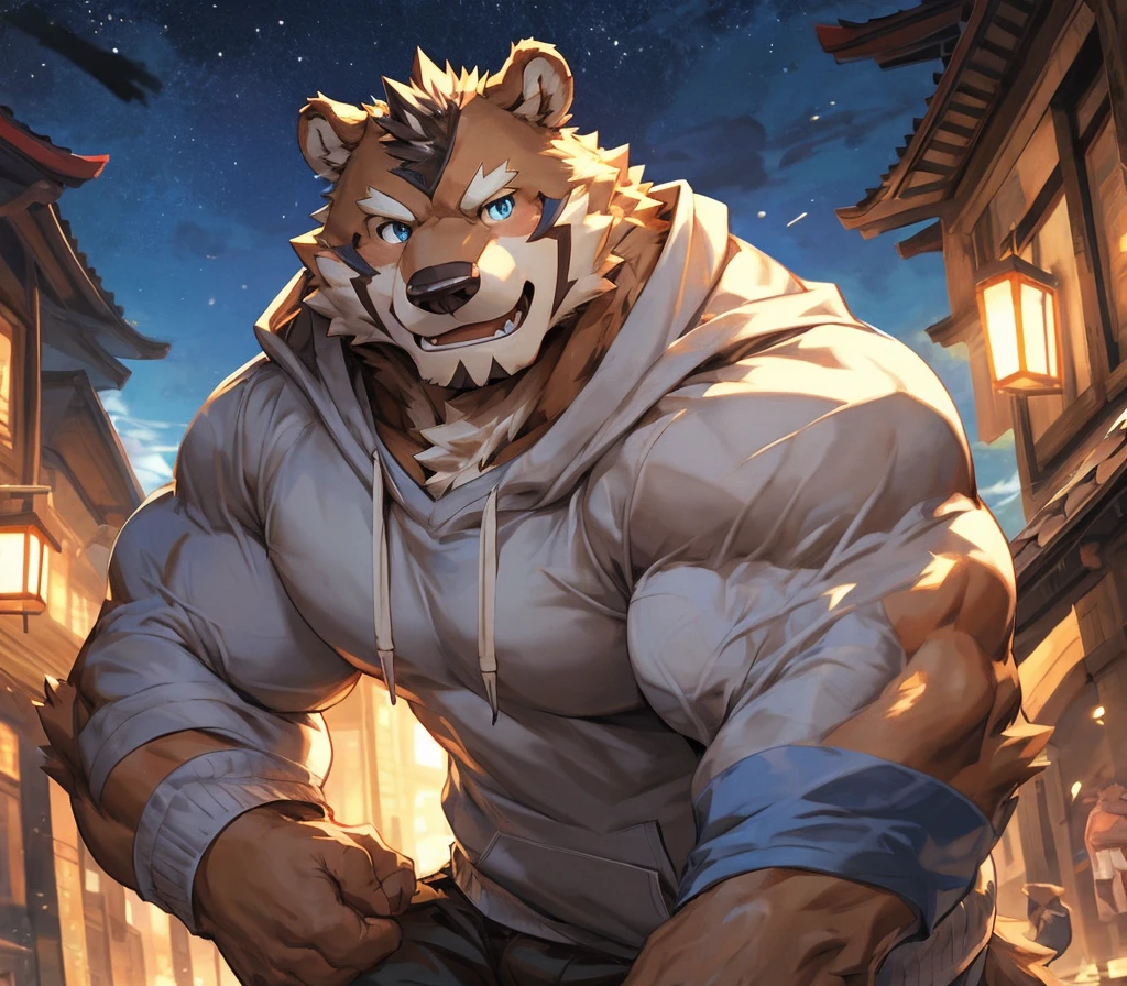 bynamic angle,depth of field, motion blur, absurdres,looking at viewer, (best quality), (masterpiece), (ultra detailed),(detailed eyes),sharp focus,japanese anime,manga,anthro male brown grizzly bear,(muscular),big fellow,huge body,((gym shorts)),sky blue eyes,handsome,night,(flex one’s biceps),by null-ghost,by traver009,by lindong,by pino daeni