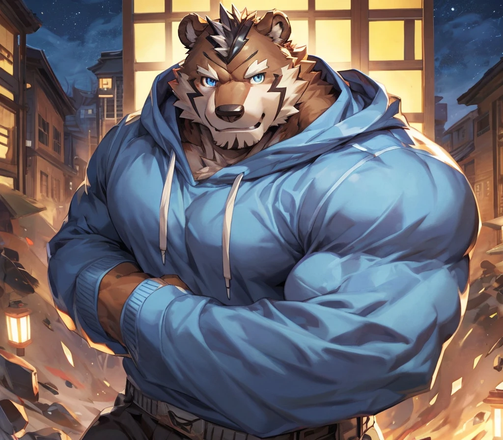 bynamic angle,depth of field, motion blur, absurdres,looking at viewer, (best quality), (masterpiece), (ultra detailed),(detailed eyes),sharp focus,japanese anime,manga,anthro male brown grizzly bear,(muscular),big fellow,huge body,((sweatshirt)),sky blue eyes,handsome,night,(flex one’s biceps),by null-ghost,by traver009,by lindong,by pino daeni