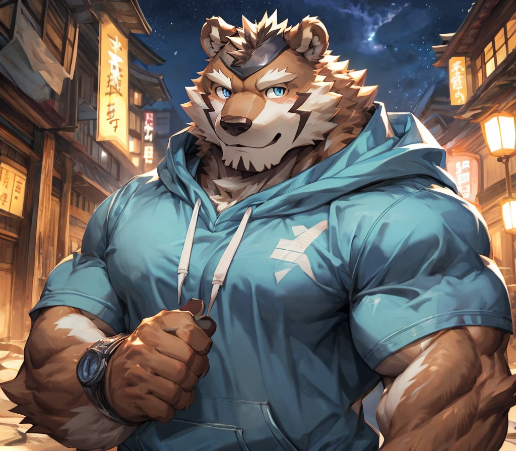 bynamic angle,depth of field, motion blur, absurdres,looking at viewer, (best quality), (masterpiece), (ultra detailed),(detailed eyes),sharp focus,japanese anime,manga,anthro male brown grizzly bear,(muscular),big fellow,huge body,((sweatshirt)),sky blue eyes,handsome,night,(flex one’s biceps),by null-ghost,by traver009,by lindong,by pino daeni