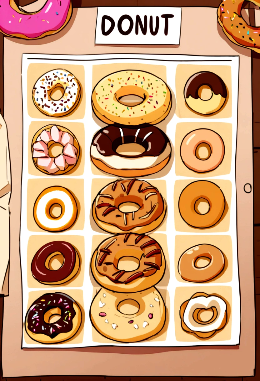 A donut storyboard could show step by step how a donut is produced, from mixing ingredients to baking or frying, decoration and packaging in drawings
