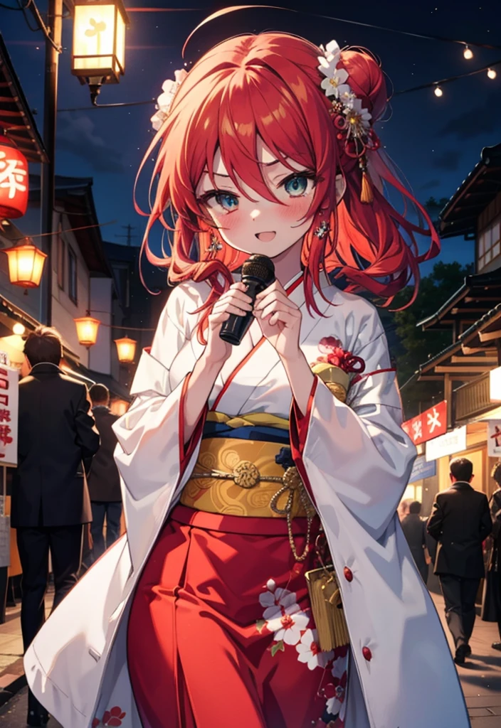 Shana,灼眼のShana,Long Hair, Red hair,Red eyes,Ahoge,smile,blush,Open your mouth,Hair Bun, single Hair Bun,blush,Red Kimono,Thick sleeves,Red long skirt,日本のfestival,夏festivalの屋台,Red lantern,So that the whole body goes into the illustration,Walking,　　　　　　　　　　　  break looking at viewer, Upper Body (Cowboy Shot:1. 5),  　　　　　　　　　　　　　　　　　　break outdoors, shrine,festival, 　　　　　　　　　　　　　break (masterpiece:1.2), Highest quality, High resolution, unity 8k wallpaper, (shape:0.8), (Beautiful and beautiful eyes:1.6), Highly detailed face, Perfect lighting, Highly detailed CG, (Perfect hands, Perfect Anatomy),
