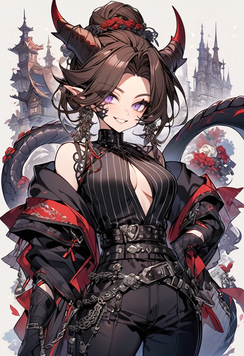 Tall woman, cheeky smile, brunette, hair gathered in a low bun, strands on the sides of face, red and black clothes with open chest, purple eyes, dragon tail and horns, belts, pants, many details