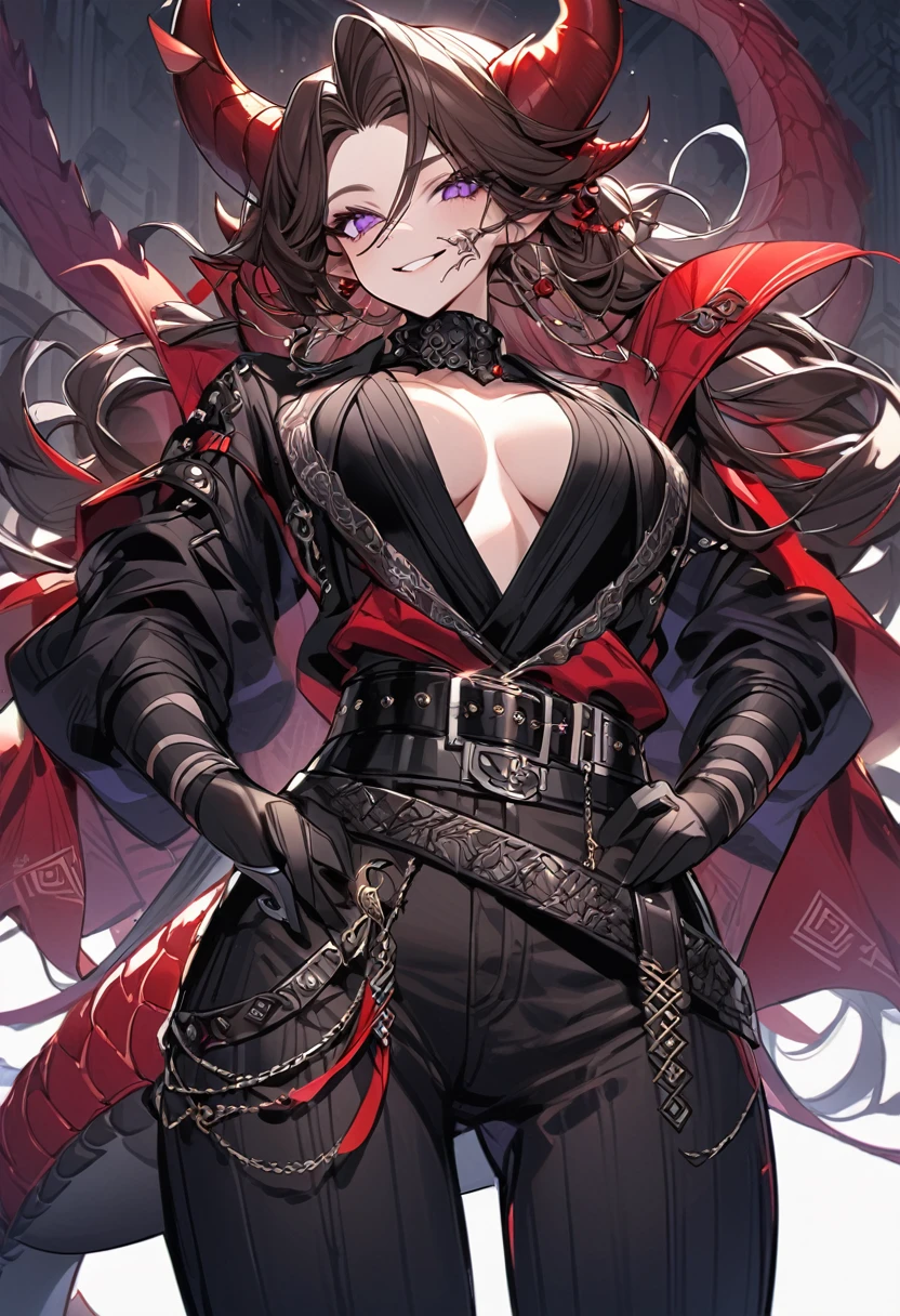 Tall woman, cheeky smile, brunette, hair gathered in a low bun, strands on the sides of face, red and black clothes with open , purple eyes, dragon tail and horns, belts, pants, many details