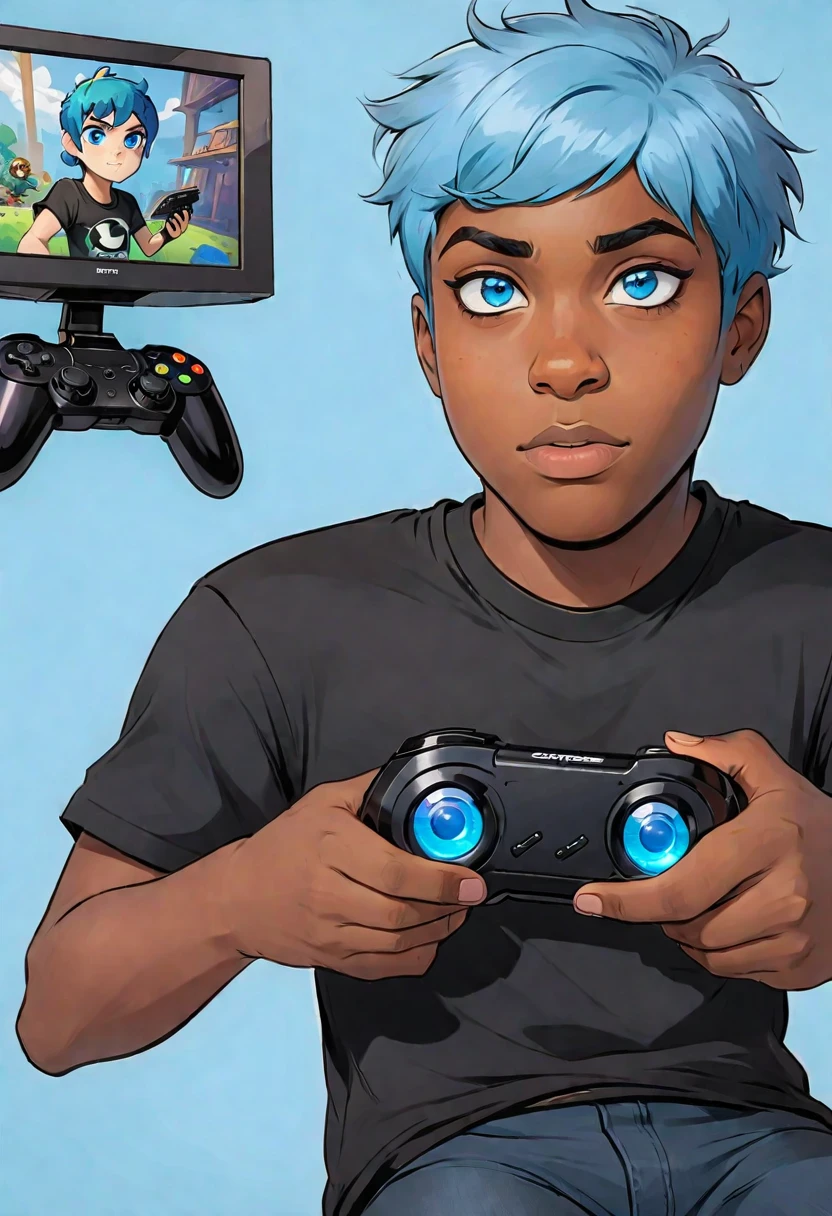 A black teenager with blue hair on the sides and black on top, eyes with light blue and dark blue heterochromia, wearing a black shirt, playing video game, work of art, style cartoon