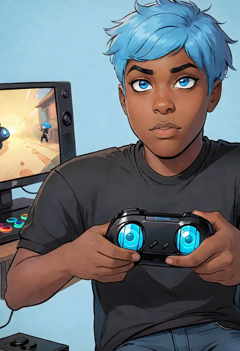 A black teenager with blue hair on the sides and black on top, eyes with light blue and dark blue heterochromia, wearing a black shirt, playing video game, work of art, style cartoon