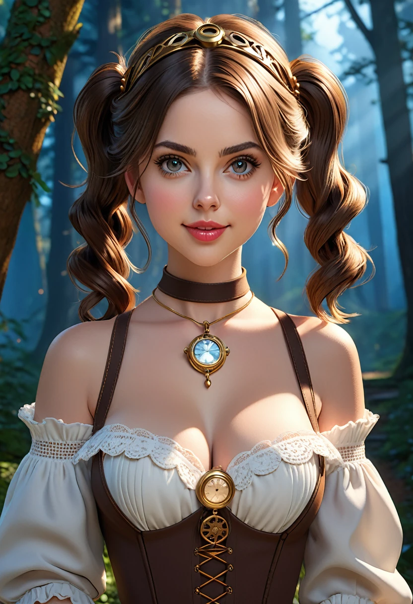 masterpiece, best quality, highly detailed, 1girl, solo, steampunk style. twintails, off-shoulder sweater made of woven copper wires., choker, large glasses, gold locket, jacket, hairband, looking at viewer, smile, blush, Wide Smile, Eyes Detailed & Wide, sexy Pose. Ultra HD, Rococo-Inspired Fantasy Art With Intricate Details. Cute, Charming Expression, Alluring-Gaze, looking at viewer Beautiful Eyes, An-Ideal-Figure. Large Youthful Well-Shaped-Breasts, Massive-Round-Bosom, Décolletage. slim waist, fit body, full lipsWarm lights , woman in a dreamy forest at night, with fluffy hair, delicate face, realistic, real, slim, large aperture, sexy shots, attractive poses,Stunnin gly beautiful merge of Scarlett Johanson. Alison Brie, Selena Gomez. symmetrical face, photorealistic, photography, path tracing, specular lighting, volumetric face light, path traced hairmaximum quality{(masutepiece) (8K High Resolution) (top-quality) In the style of breath of the wild.
