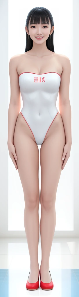 On a white background,A tall and beautiful Chinese girl,with fair skin,Toothy smile,A big smile,When you laugh, Your eyes are crescent-shaped,blunt bangs, long straight hair,Wear a one-piece swimsuit and pumps,Swimsuits are decorated with joyful patterns, Stand up straight,Stand upright,hands on sides,Symmetrical distribution,Ray tracing,All shaded areas,No windows, Soft lighting, Warm light, flood light, n, Studio light, 1.4x Realistic Ultra HD