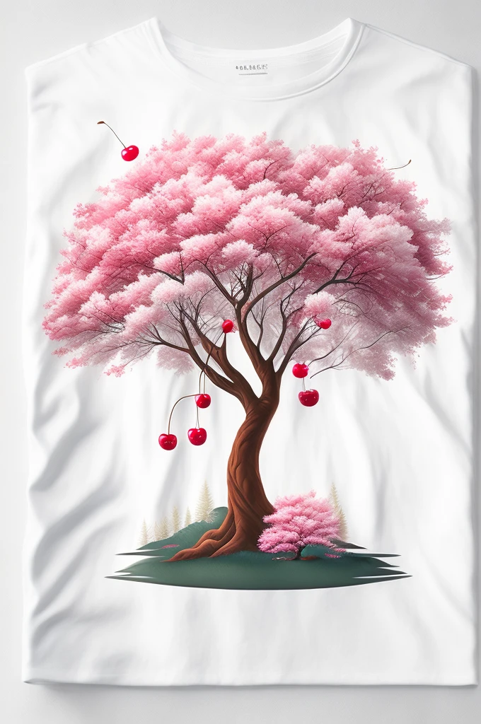 A t-shirt with a cherry tree, White background, t shirt design, rzminjornada, vectorial art