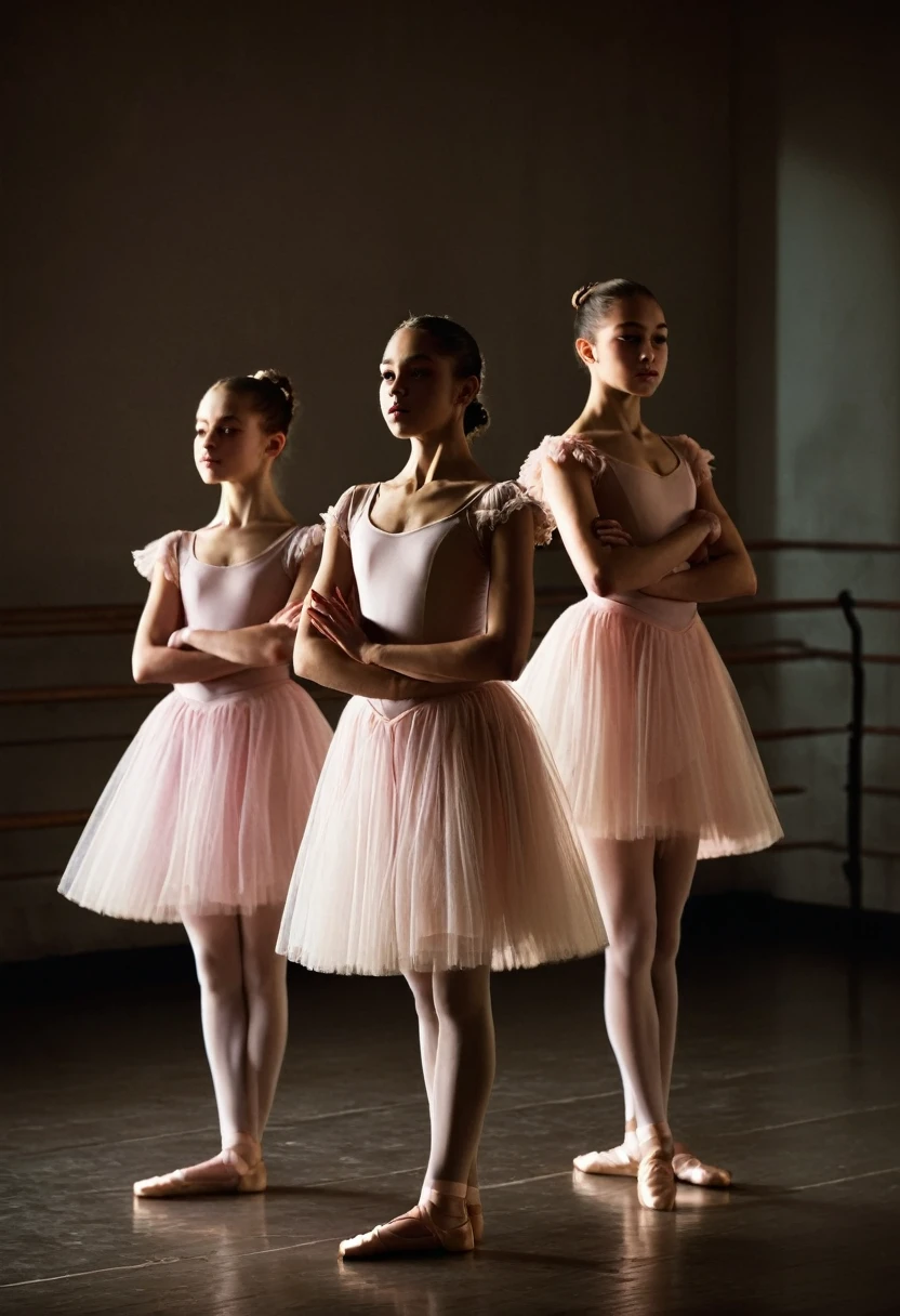 The poster captures a poignant moment in a dimly lit ballet studio. Three age ballerinas, each with a distinct presence and expression, are depicted mid-performance. expression, are depicted mid-performance. They wear traditional ballet attire, their delicate costumes softly illuminated by a single spotlight casting gentle shadows around them.
The backdrop of the studio is softly blurred, focusing attention on the dancers and their emotional performance. The studio's ambiance is tranquil yet evocative, enhanced by the soft glow of overhead lights that bathe the scene in a gentle, melancholic
hue.
Please make it aesthetic