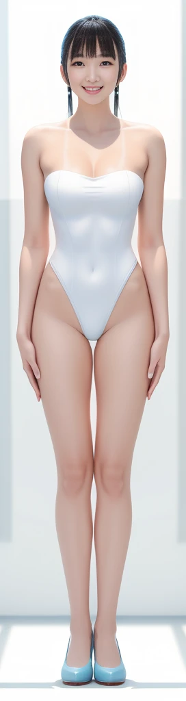 On a white background,A tall and beautiful Chinese girl,with fair skin,Toothy smile,A big smile,When you laugh, Your eyes are crescent-shaped,blunt bangs, long straight hair,Wear a one-piece swimsuit and pumps,Swimsuits are decorated with joyful patterns, Stand up straight,Stand upright,hands on sides,Symmetrical distribution,Ray tracing,All shaded areas,No windows, Soft lighting, Warm light, flood light, n, Studio light, 1.4x Realistic Ultra HD
