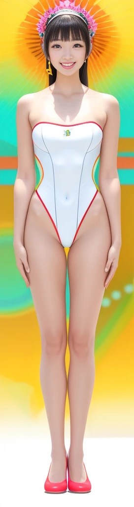 On a white background，A tall and beautiful Chinese girl，with fair skin，Toothy smile，A big smile，When you laugh, Your eyes are crescent-shaped，blunt bangs, long straight hair，Wear a one-piece swimsuit and pumps，Swimsuits are decorated with joyful patterns, Stand up straight，Stand upright，hands on sides，Symmetrical distribution，Ray tracing，All shaded areas，No windows, Soft lighting, Warm light, flood light, n, Studio light, 1.4x Realistic Ultra HD