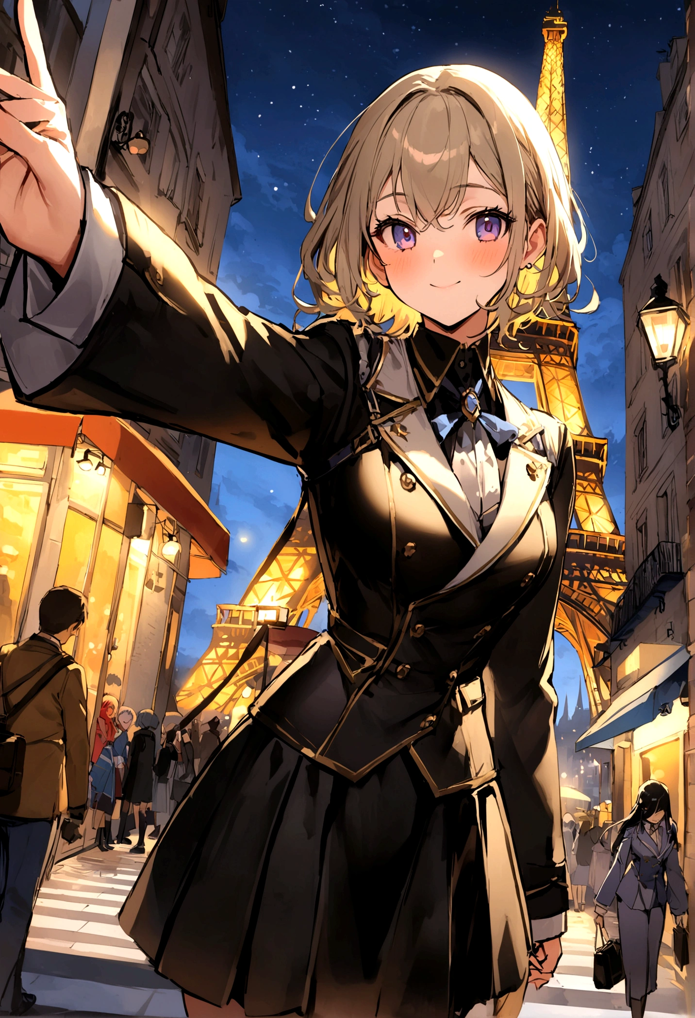 femme 19 ans ,pleinement , brun, ultra réaliste, regarde la camera, Méticuleusement détaillé, cheveux bruns, selfie d&#39;une jeune femme, Maquillage naturel, Superbe corps complet, dans la rue, la nuit, costume, exterieur, gilets de costume, TERASSE d&#39;un café, le soir, à la Tour Eiffel