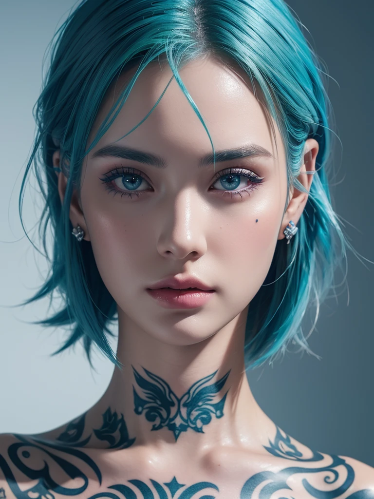 1girl,blue hair, Tattoos, looking at viewer, forehead, ear piercing, short hair, makeup, Green eye color, hyperrealistic, beautiful face,hyper-detailed, 8k ultra detailed, 8k detail, perfect body,  mature , ultra detail, hyper-realistic, 3d render, typography, Unreal engine, 45's