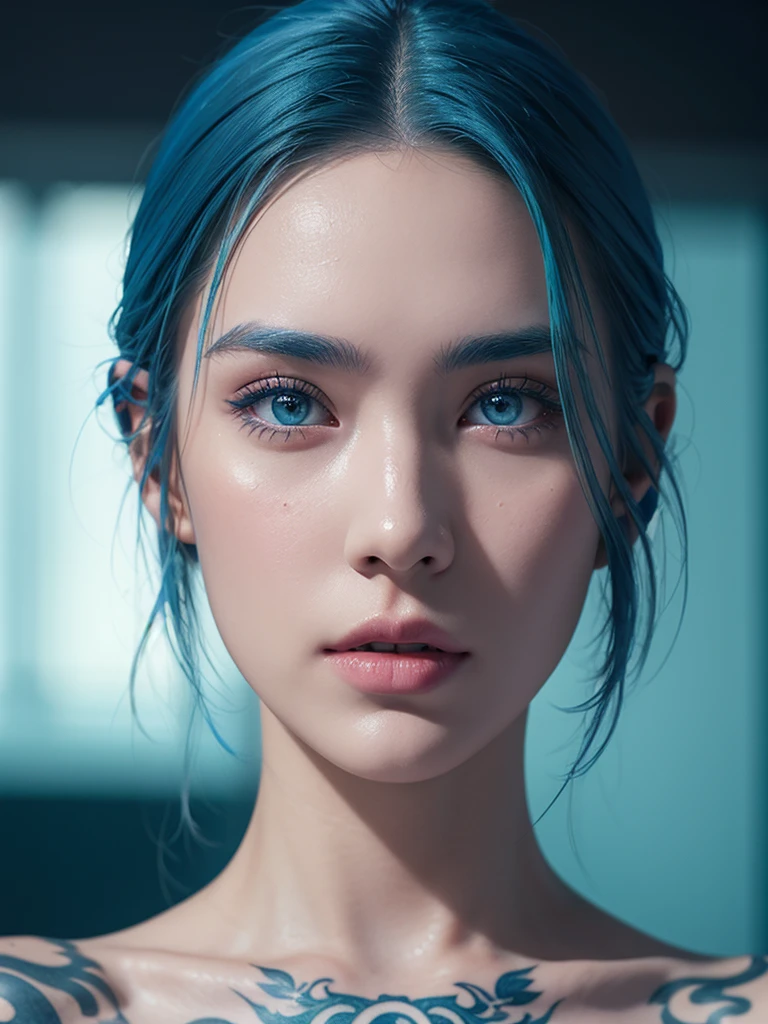 1girl,blue hair, Tattoos, looking at viewer, forehead, ear piercing, short hair, makeup, Green eye color, hyperrealistic, beautiful face,hyper-detailed, 8k ultra detailed, 8k detail, perfect body, mature , ultra detail, hyper-realistic, 3d render, typography, Unreal engine, 45's
