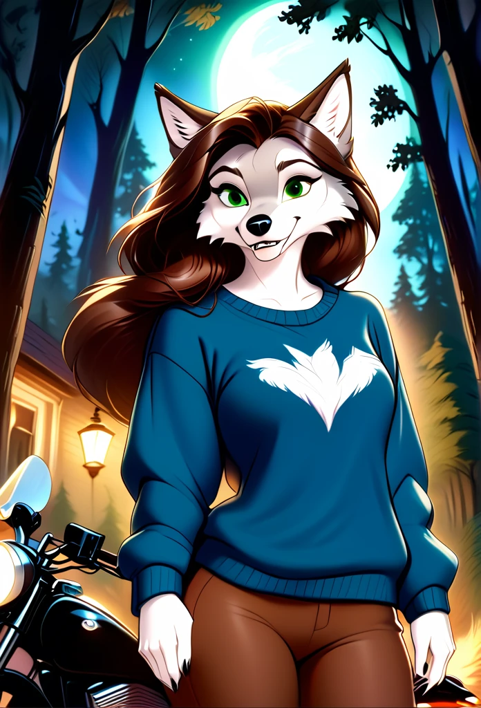 detailed illustration, dynamic angle, ultra-detailed, illustration, 1girl, blue sweater, wolf, white wolfkin, green eyes, standing in woods, disney style, evil grin, cartoon, leaning on a motorcycle, night, bedroom eyes, long brown hair