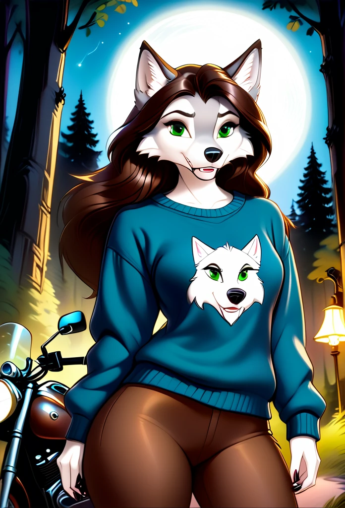 detailed illustration, dynamic angle, ultra-detailed, illustration, 1girl, blue sweater, wolf, white wolfkin, green eyes, standing in woods, disney style, evil grin, cartoon, leaning on a motorcycle, night, bedroom eyes, long brown hair
