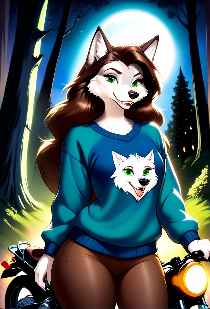 detailed illustration, dynamic angle, ultra-detailed, illustration, 1girl, blue sweater, wolf, white wolfkin, green eyes, standing in woods, disney style, evil grin, cartoon, leaning on a motorcycle, night, bedroom eyes, long brown hair