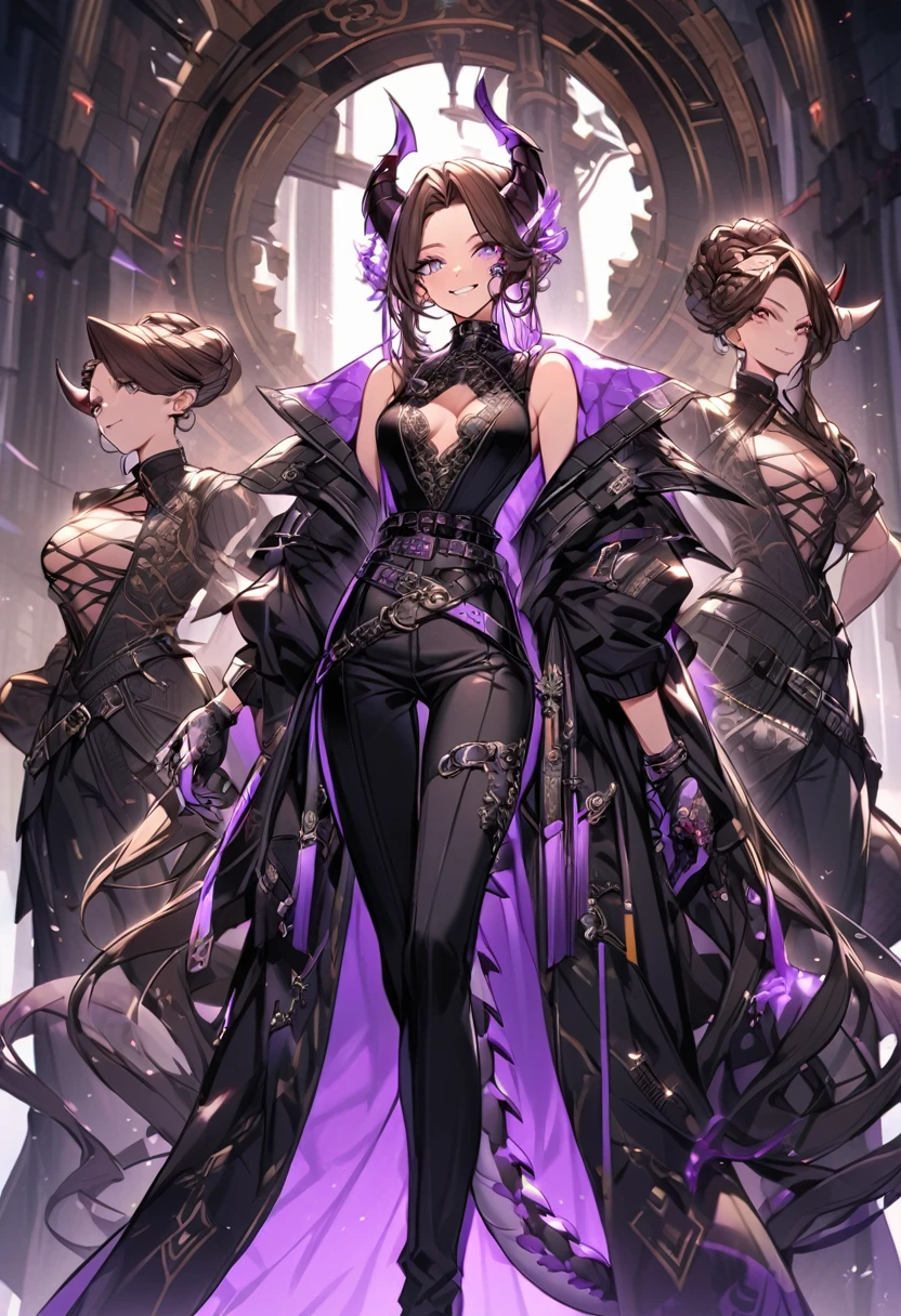 Tall woman, cheeky smile, brunette, hair gathered in a low bun, strands on the sides of face, red and black clothes with open chest, purple eyes, dragon tail and horns, belts, pants, many details