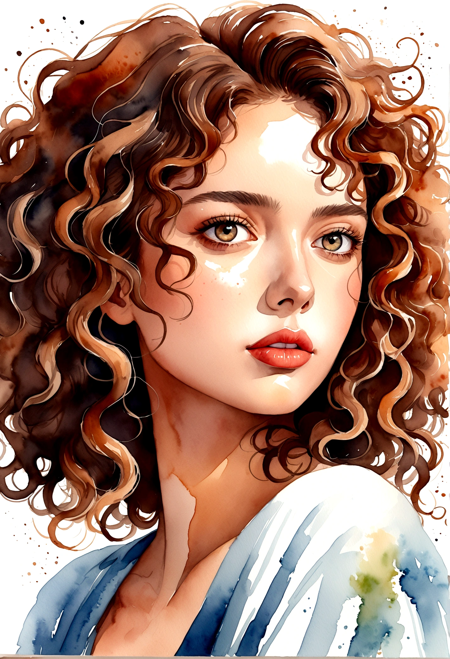a woman with curly hair and a white background, Watercolor painting, digital art portrait, beauty woman with natural faces, Bela arte UHD 4K, digital illustration portrait, scribbled digital illustration, expressive feminine face, beautiful minimalist drawing style, digitalpainting, arte de digitalpainting, watercolor illustration style, digitalpainting em aquarela, digital art picture, painting digital art, watercolor style