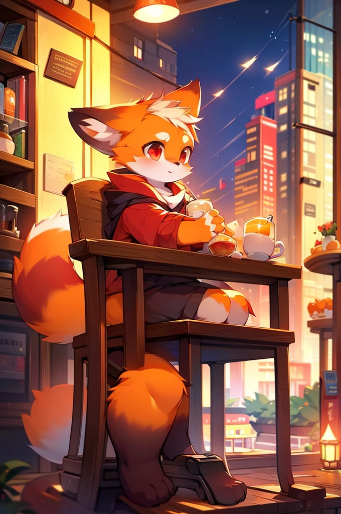4K quality，high resolution，Female Red Panda，Cafe，Sitting on a chair，Orange Juice Lemon，Red eyes，Cityscape，It's dark outside，