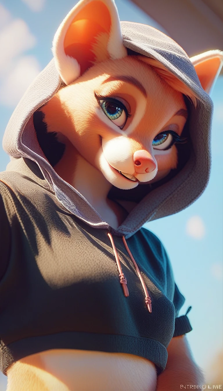 a cute white anthro ermine, wearing a stylish black sweatshirt without a hood, smiling, posing for a photo, detailed facial features, hyper detailed, 8k, highly detailed fur, intricate texture, soft lighting, warm color tones, award winning digital art