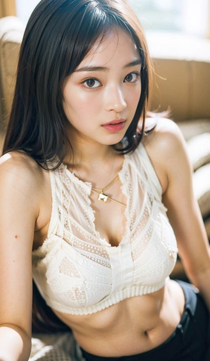 ((((masterpiece, best quality, high resolution)))), Extremely detailed 8K, Beautiful girl with voluptuous body, (Ultra HD, Ultra-detailed, Highly detailed, Highly realistic, Ultra-realistic, photograph realistic), (1girl:1.5), (Realistic white hair), short wavy black hair, bob cut, (dynamic poses), facing at camera, light smile, purple eyes, average breasts, (beautiful detailed face, beautiful detailed eyes), (white tank top, thin material), cleavage, dark jean shorts, glow, sweat, (sunbeam, sunlight)、Fishnet tights