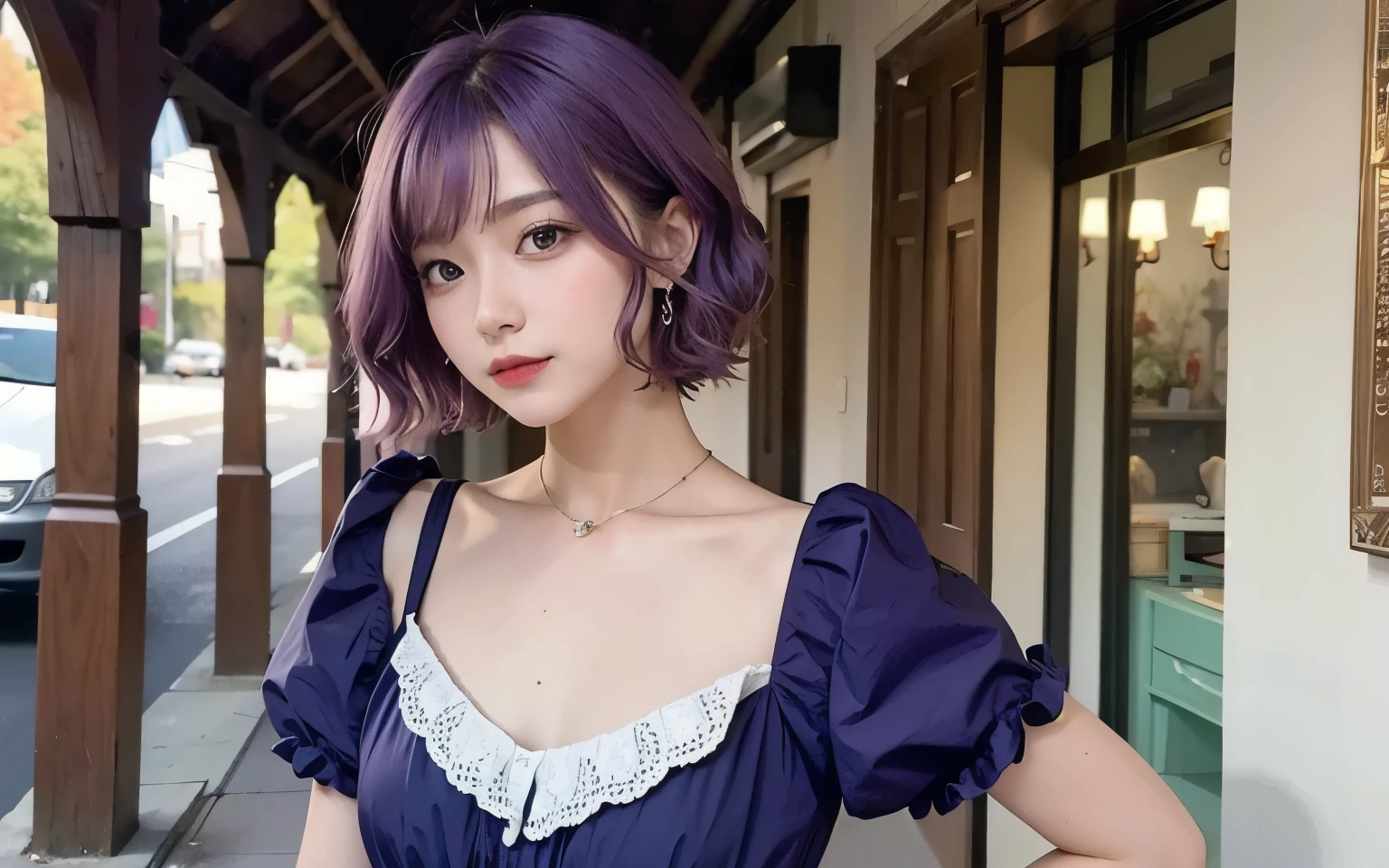 ((Top Quality, 8K, Masterpiece: 1.3)), Beauty, 1 Girl,Street Snap、dancer、20-year-old、flat chest、Curly Bob、Small breasts、Single eyelid、Bright purple hair