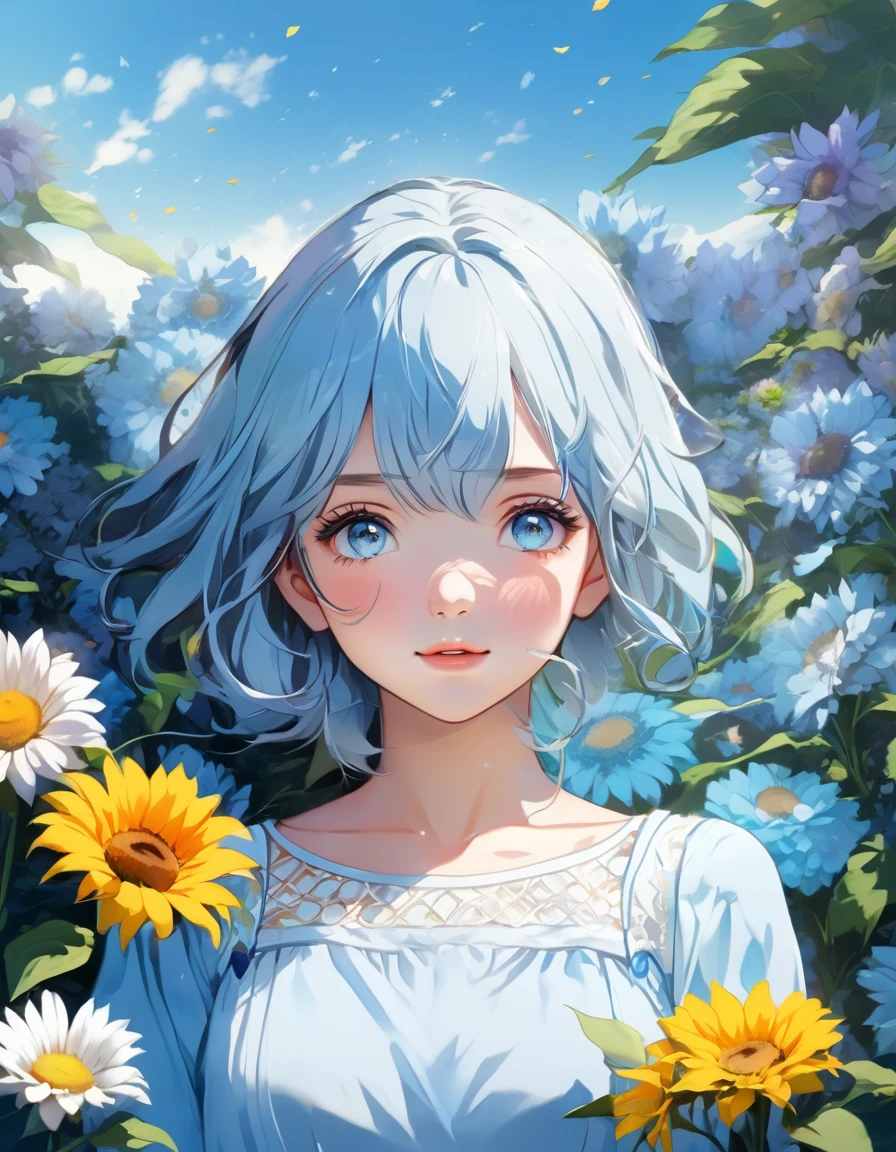 Anime girl with blue hair and blue eyes standing in a flower field, digital Anime illustration, detailed Digital anime art, Anime style digital art, Digital anime art, Beautiful anime portraits, Anime illustration, Anime-style illustrations, Beautiful and detailed anime art, Anime fantasy illustration, Anime Style 4k, Detailed anime artwork, Detailed portrait of an anime girl, Beautiful sunflower anime girl