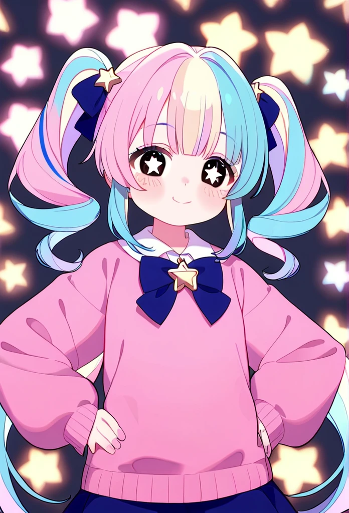 masterpiece, best quality, upper body, score_9,pastel multicolor hair, black eyes, tiny bear ears, pastel rainbow hair, star shaped eyes, proud smile, cute,1girl, hands on hips pose,bluw bow on neck,pigtails,star shaped eyes, holding lolipop,pastel polka dot background, blue skirt,oversized pink sweater