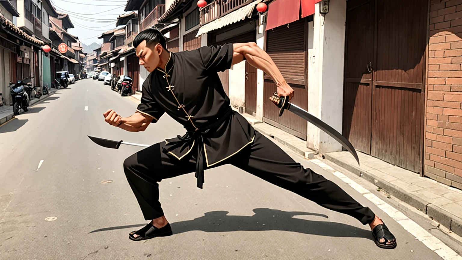 there is a man holding a bat in his hands on the street, in the style of sifu 🔥 😎 🕹️ 👀 :2, inspired by Ma Quan, wielding a keris sword, practising sword stances, inspired by Liao Chi-chun, powerful aggressive sword stance, combat stance, fighting stance energy, hand to hand combat with machete, wielding kunai