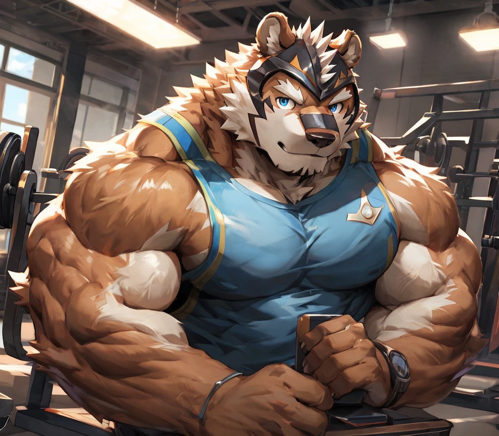 solo, 1boy, Huge Muscular Old Grizzly Bear wearing glasses , pectoral, huge pectoral, wide pectoral, short white hair, short pants black wristbands and shirtless topless, bearded, Mustache, gym background, masterpiece, high detailed, 8k, high resolution, at the gym pull-ups