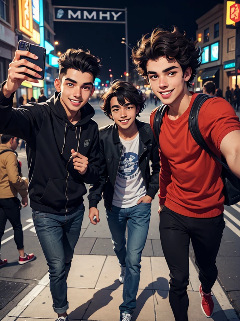 Three 20 year old men, taking selfie, citys, people walking, blackquality hair, Grinning.