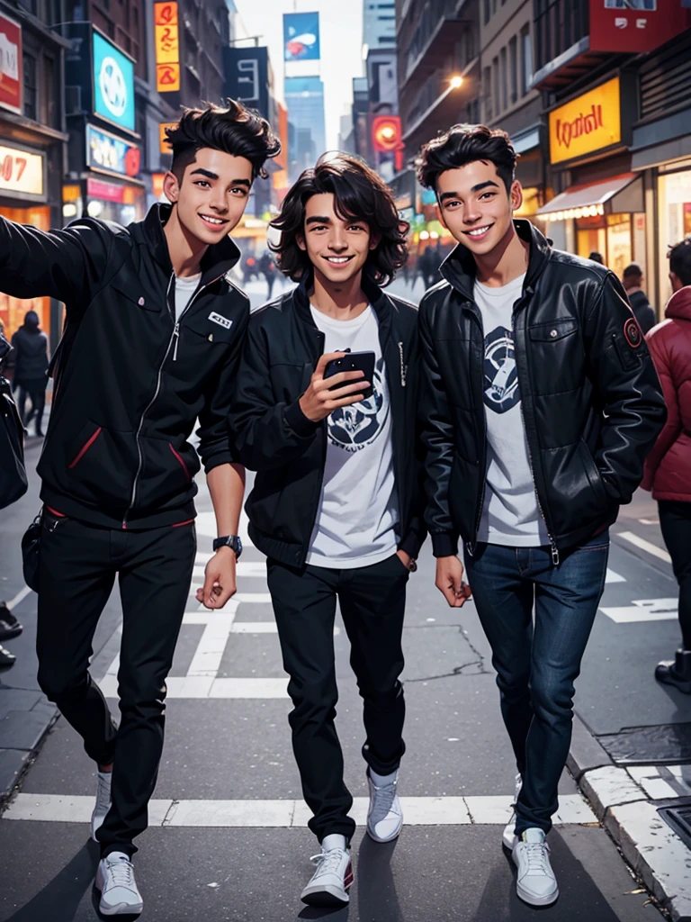 Three 20 year old men, taking selfie, citys, people walking, blackquality hair, Grinning.