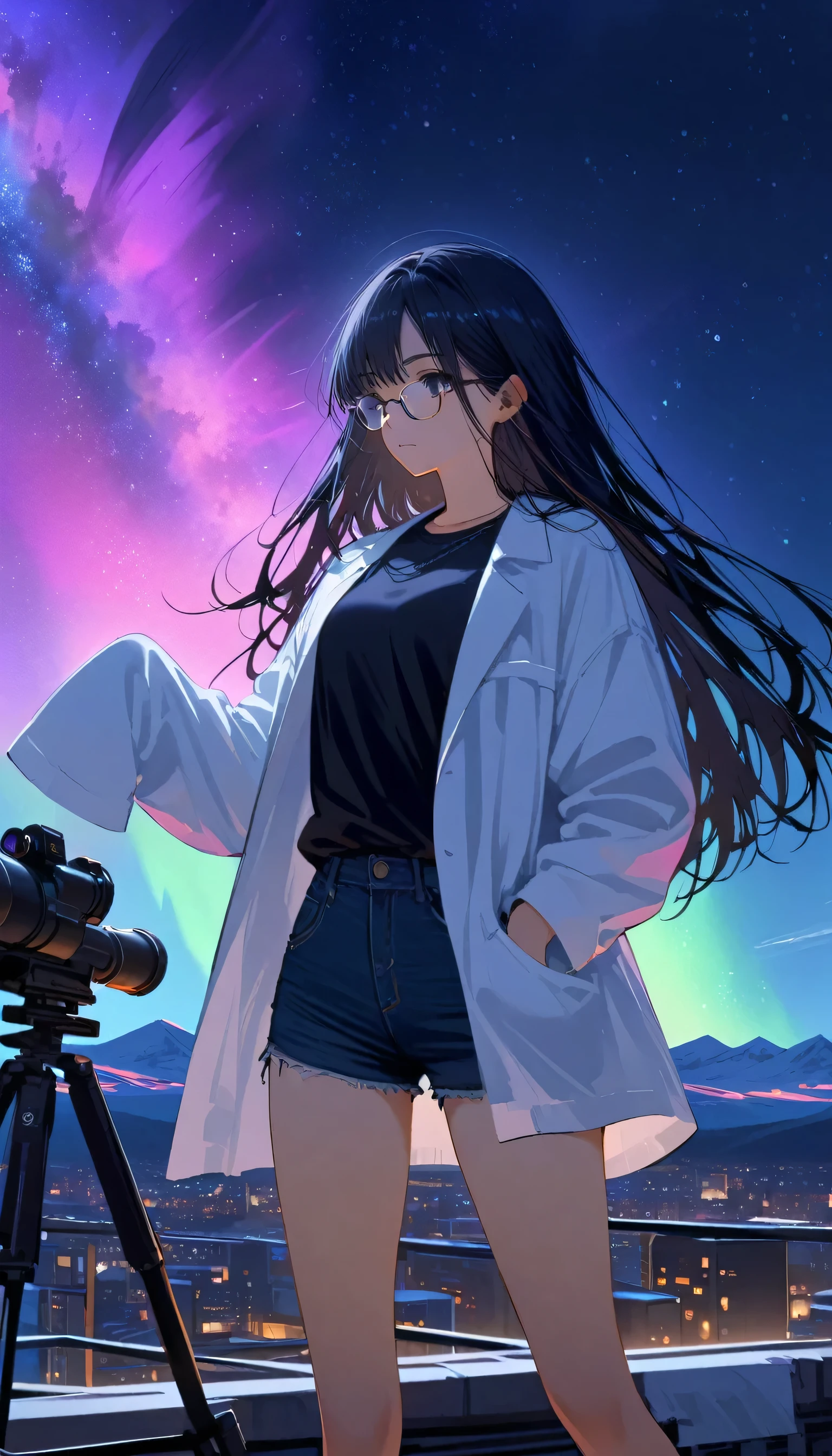 (masterpiece, best quality:1.2, absurdres),(solo),(1girl, black hair, long hair, messy_hair, glasses, lab coat, shorts pants, half body, standing, black shirt, sleeves past fingers ),(rooftop ,aurora, telescope, starry sky, star (sky), space, sky, night sky, night,),(blacklight, looking away)