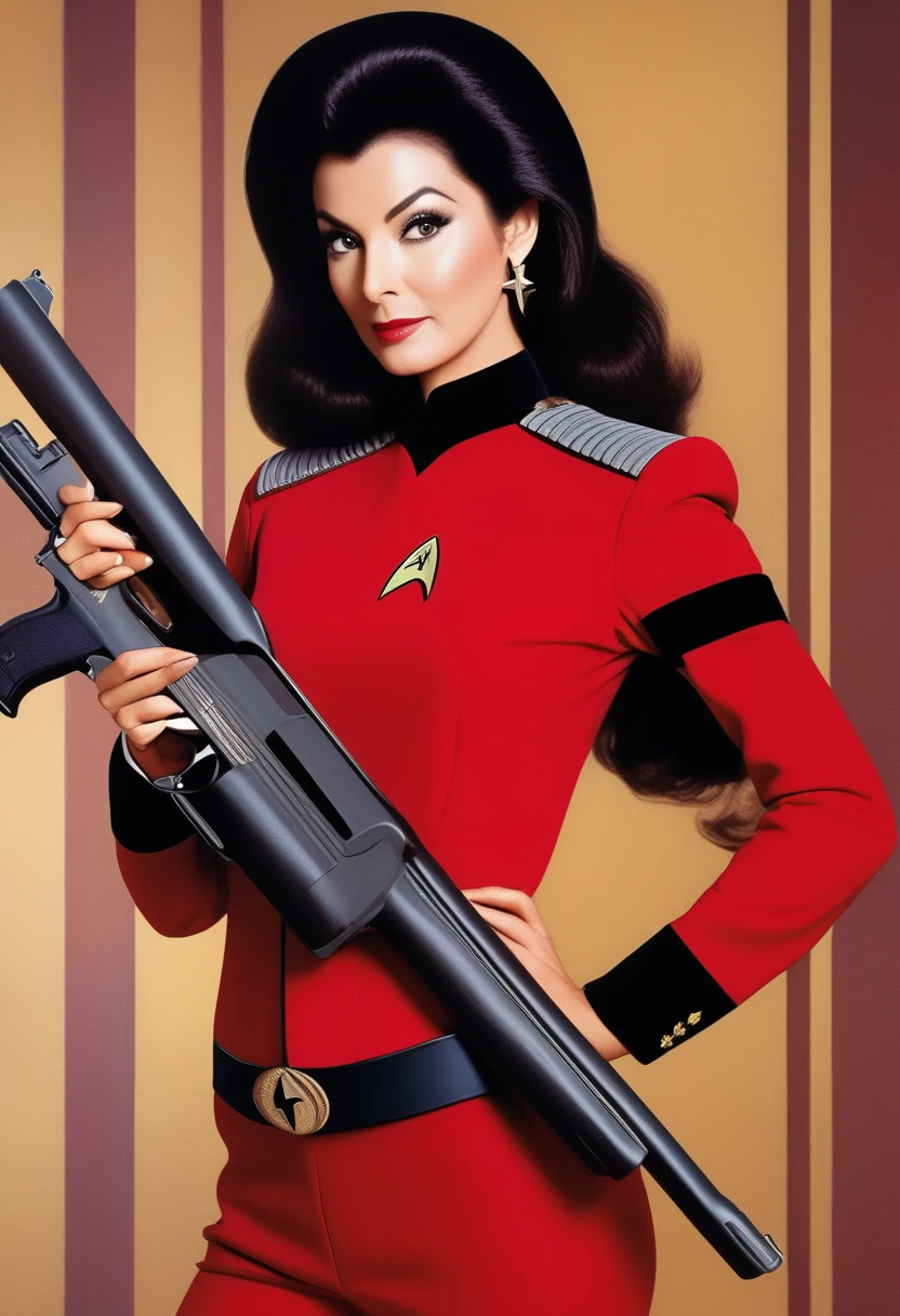 a closeup of a woman holding a gun wearing a red shirt, a portrait of John Mossman, tumblr, cobra, Deanna Troi, Star Trek Asian Woman, As a Starfleet officer, in Starfleet uniform, in red captain's uniform, trip to the stars, In Star Trek the original series, in full Starfleet uniform, with shoulder pads