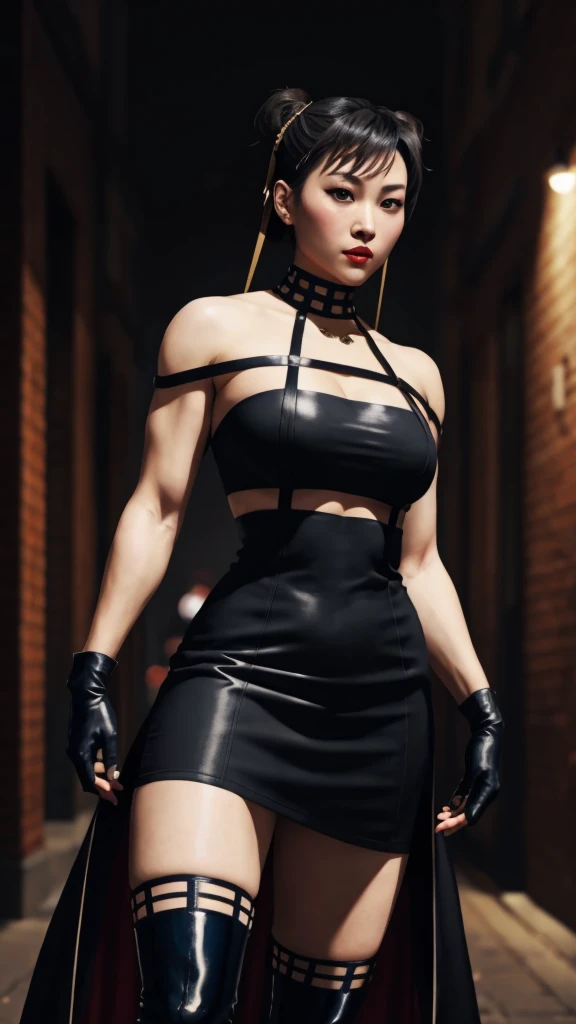 Chun Li, beautiful woman, sexy woman, perfect breast, ((half body)), (looking at viewer:1.1), night street, by Conor Harrington, black dress, black thighhighs, black gloves