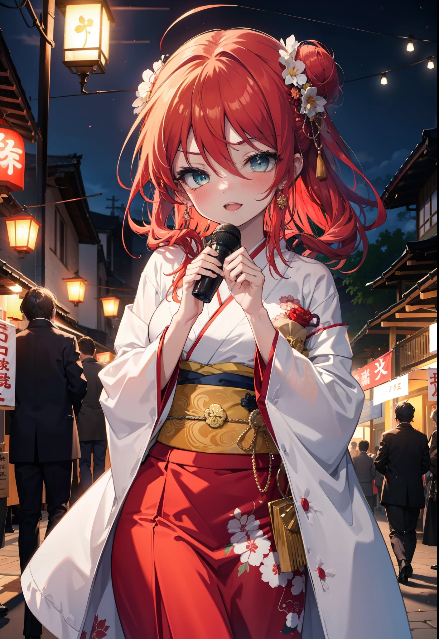 Shana,灼眼のShana,Long Hair, Red hair,Red eyes,Ahoge,smile,blush,Open your mouth,Hair Bun, single Hair Bun,blush,Red Kimono,Thick sleeves,Red long skirt,日本のfestival,夏festivalの屋台,Red lantern,So that the whole body goes into the illustration,Walking, break looking at viewer, Upper Body (Cowboy Shot:1. 5), break outdoors, shrine,festival, break (masterpiece:1.2), Highest quality, High resolution, unity 8k wallpaper, (shape:0.8), (Beautiful and beautiful eyes:1.6), Highly detailed face, Perfect lighting, Highly detailed CG, (Perfect hands, Perfect Anatomy),