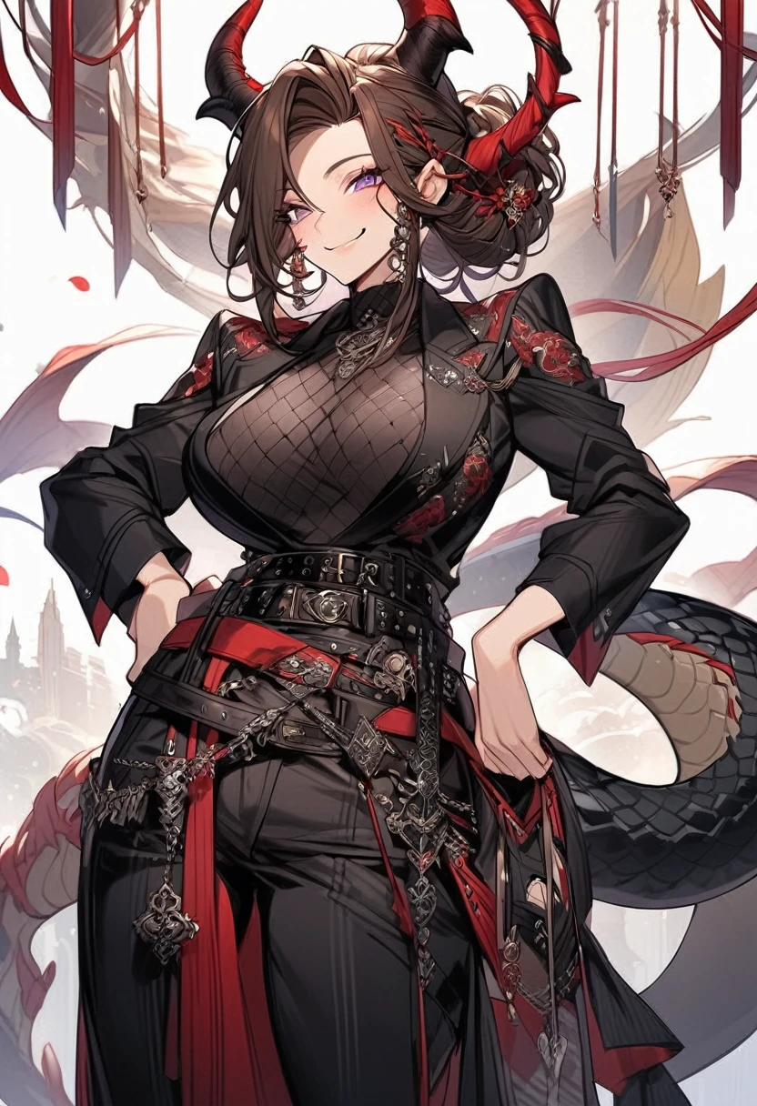 Tall mature woman, cheeky smile, brunette, hair gathered in a low bun, strands on the sides of face, red and black clothes with open chest, purple eyes, dragon tail and horns, belts, pants, many details