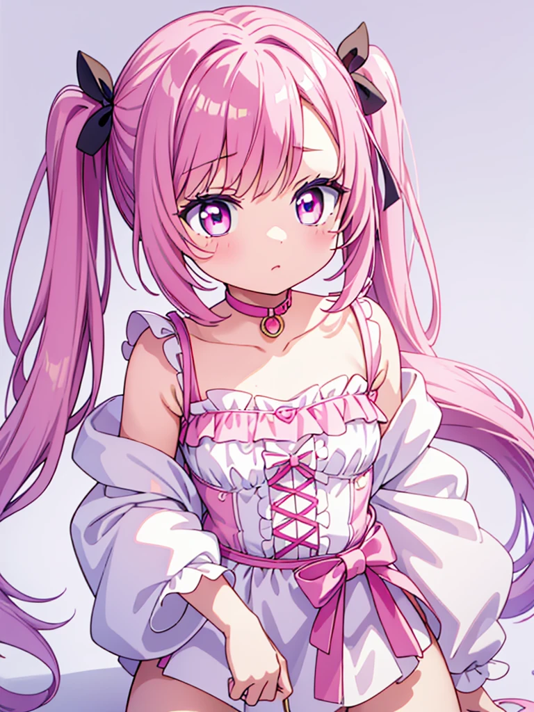 High resolution, extremely detailed, masterpiece, 1girl, long pink pigtails, pink eyes, round face, extremely adorable, premature body, small, short, very cute race, big eyes, ultra cute