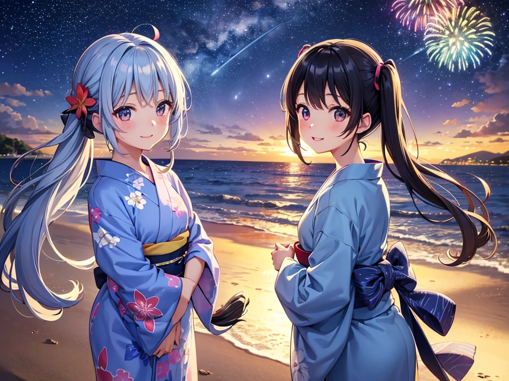 Colorful fireworks、Seaside、One girl,Expose the whole body,Nice face,Dark Eyes、Light blue long hair、Beautiful girl with twin tails,Fireworks across the sky、Bright smile、Wearing a yukata with a floral pattern、Warm and soft lighting,Night Sky,Starry Sky