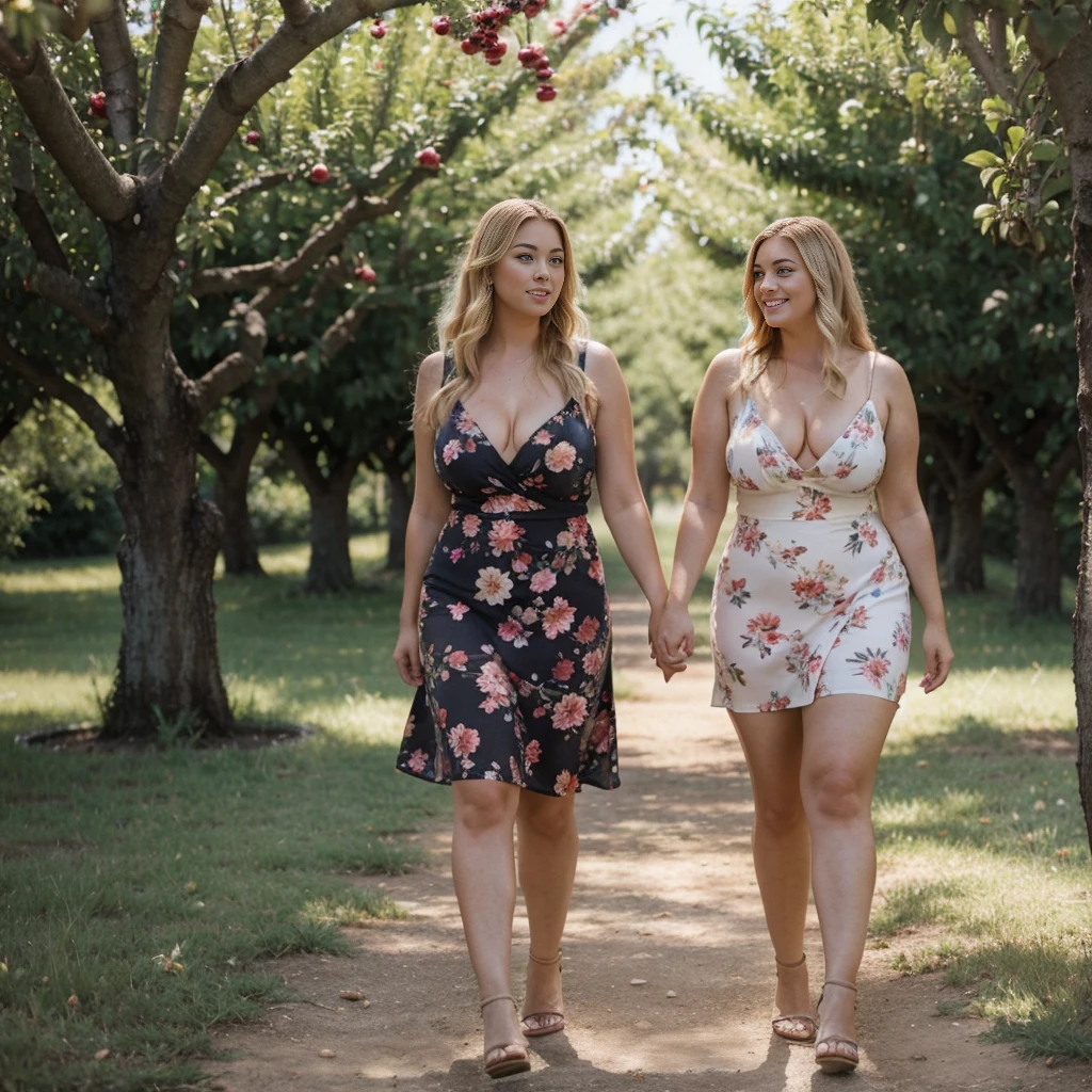 Two blonde plus size women wearing low-cut floral dresses walking in a beautiful orchard in the late summer afternoon
