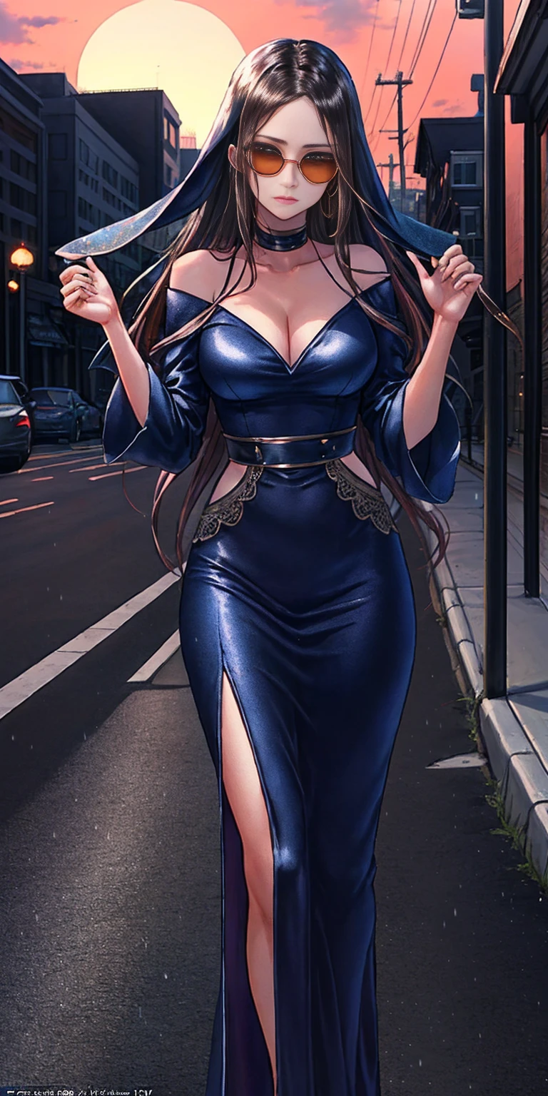 Setting: Atmospheric Street Background (Think bustling city street at night with neon lights and rain, a foggy alleyway, or a deserted highway at dusk) - Choose the specific atmosphere you desire. Character: Appearance: Ultra Quality - High level of detail and realism Shiny Skin - Glowing and healthy Long wet Hair - Flowing down the back Narrowed Eyes - Focused and intense expression (sharp or piercing) Attire: Long Dress - Elegant and flowing Pose: Fingers Crossed - A gesture hinting at hope, nervousness, or even making a wish. Accessories: Sunglasses - Adding a touch of mystery or coolness (consider the style of sunglasses to match the overall mood) Additional Notes: Consider adding details about the character's posture (standing tall, leaning against a wall, etc.) to enhance the scene. The quality of the image is 8K or Cinematic 