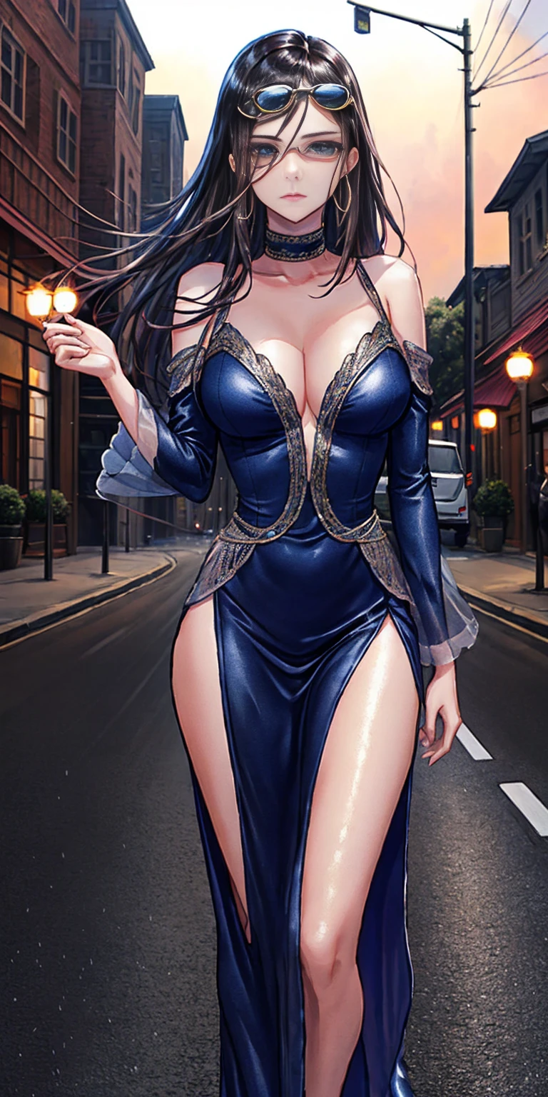 Setting: Atmospheric Street Background (Think bustling city street at night with neon lights and rain, a foggy alleyway, or a deserted highway at dusk) - Choose the specific atmosphere you desire. Character: Appearance: Ultra Quality - High level of detail and realism Shiny Skin - Glowing and healthy Long wet Hair - Flowing down the back Narrowed Eyes - Focused and intense expression (sharp or piercing) Attire: Long Dress - Elegant and flowing Pose: Fingers Crossed - A gesture hinting at hope, nervousness, or even making a wish. Accessories: Sunglasses - Adding a touch of mystery or coolness (consider the style of sunglasses to match the overall mood) Additional Notes: Consider adding details about the character's posture (standing tall, leaning against a wall, etc.) to enhance the scene. The quality of the image is 8K or Cinematic