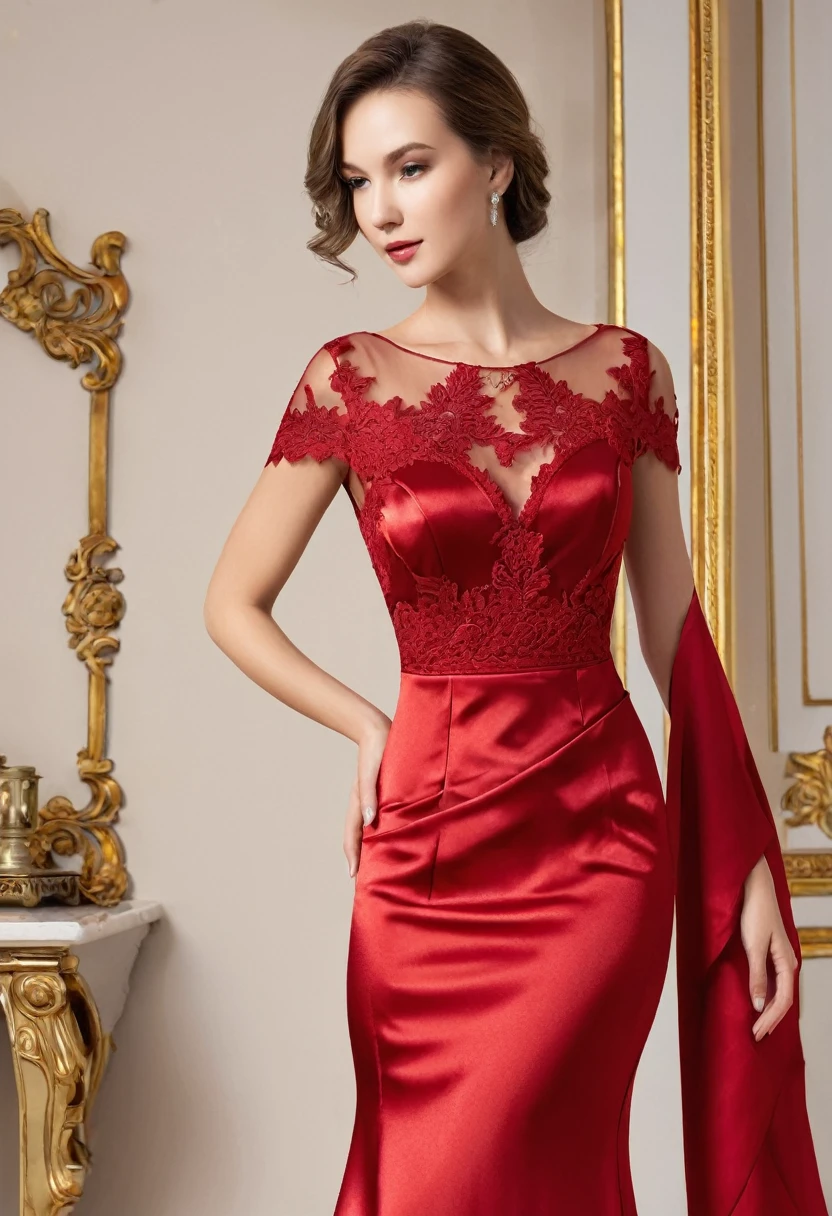 Please design an attractive beautiful woman ' party dress in red, with a long length, satin fabric, and lace details. This dress should be designed for a wedding and should combine beauty and comfort.