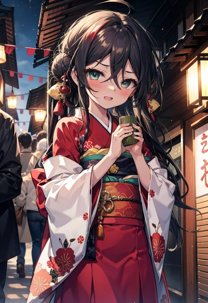 Shana,灼眼のShana,Long Hair, Red hair,Red eyes,Ahoge,smile,blush,Open your mouth,Hair Bun, single Hair Bun,blush,Red Kimono,Thick sleeves,Red long skirt,日本のfestival,夏festivalの屋台,Red lantern,So that the whole body goes into the illustration,Walking, break looking at viewer, Upper Body (Cowboy Shot:1. 5), break outdoors, shrine,festival, break (masterpiece:1.2), Highest quality, High resolution, unity 8k wallpaper, (shape:0.8), (Beautiful and beautiful eyes:1.6), Highly detailed face, Perfect lighting, Highly detailed CG, (Perfect hands, Perfect Anatomy),