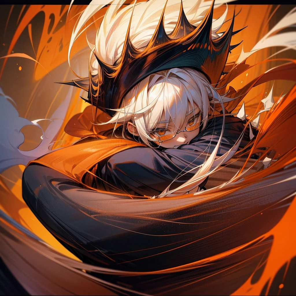 Create a 10 year old boy who has fluffy white hair an orange wizard cloak an orange wizard hat a white tie and a cute happy face and he is hugging another 10 year old boy who is his cousin who has a black jacket a pair of dark glasses, not too long black spiky hair and black pants